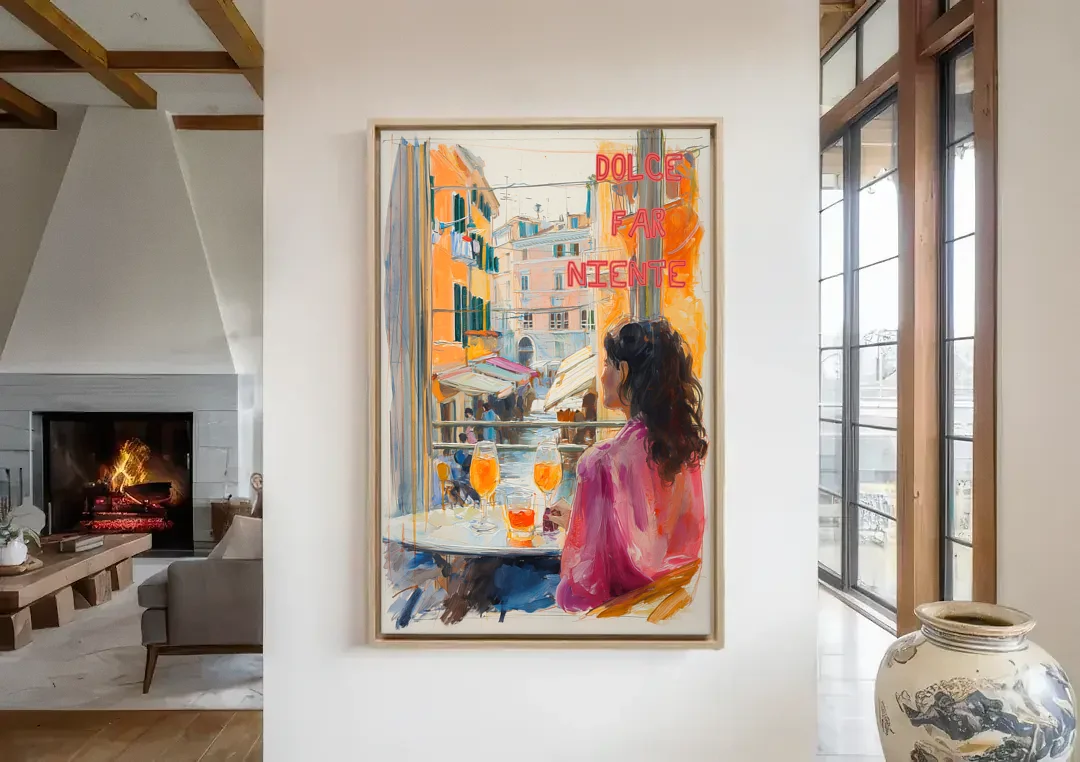Dolce Far Niente Painting with a Spritz canvas wall art in a living room with a fireplace
