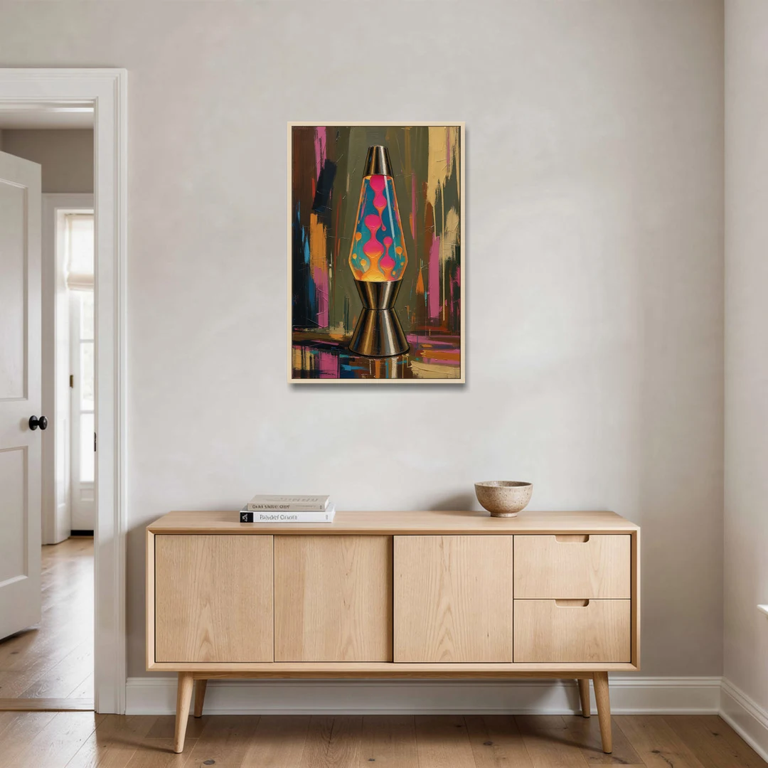 Dorm Wall Decor Lava Lamp in Molten Pink - Oak Framed Canvas Wall Art - Coffee Table - 24x36