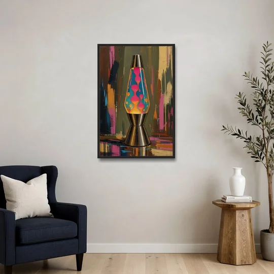 Dorm Wall Decor Lava Lamp in Molten Pink - Black Framed Canvas Wall Art - Sofa - 24x36