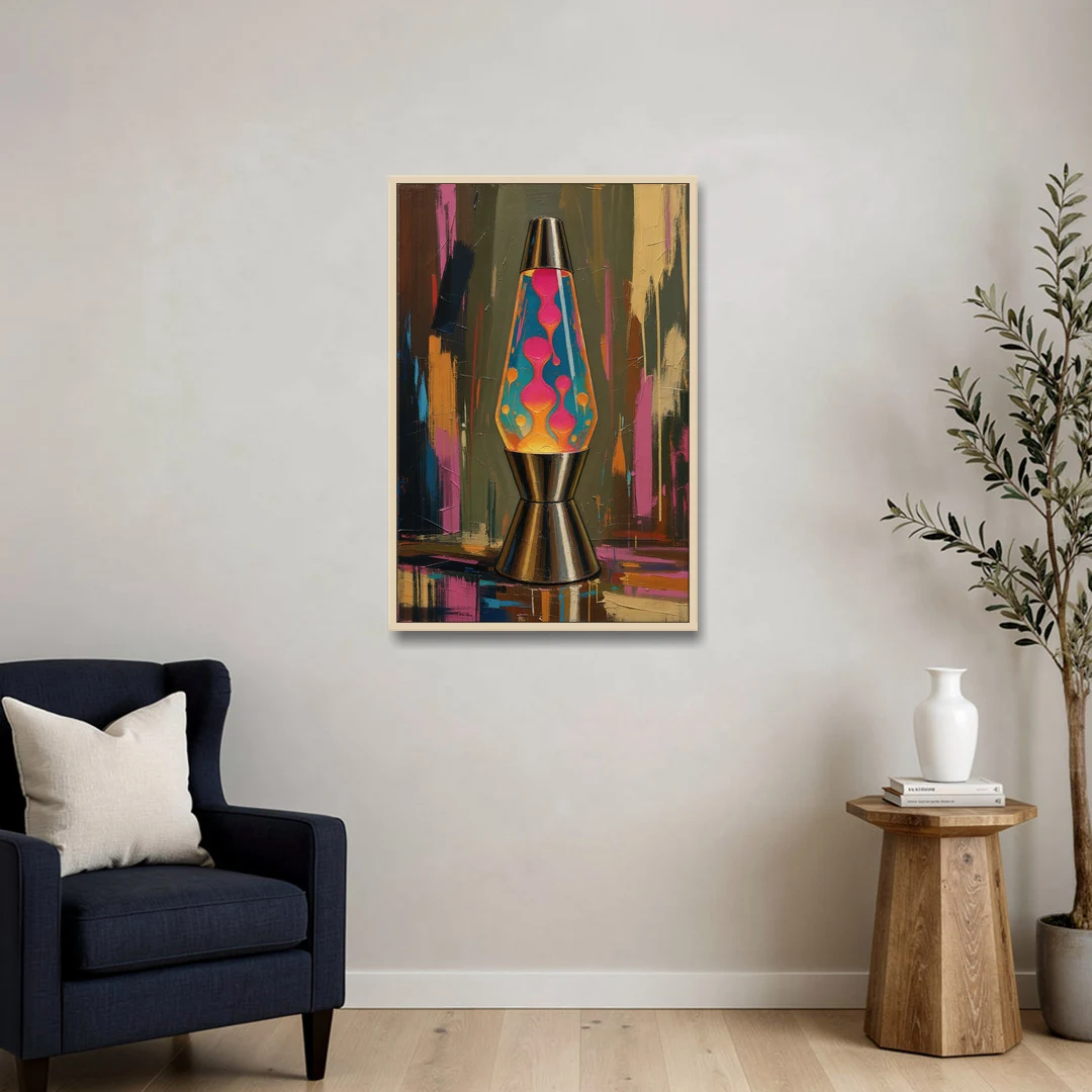 Dorm Wall Decor Lava Lamp in Molten Pink - Oak Framed Canvas Wall Art - Sofa - 24x36