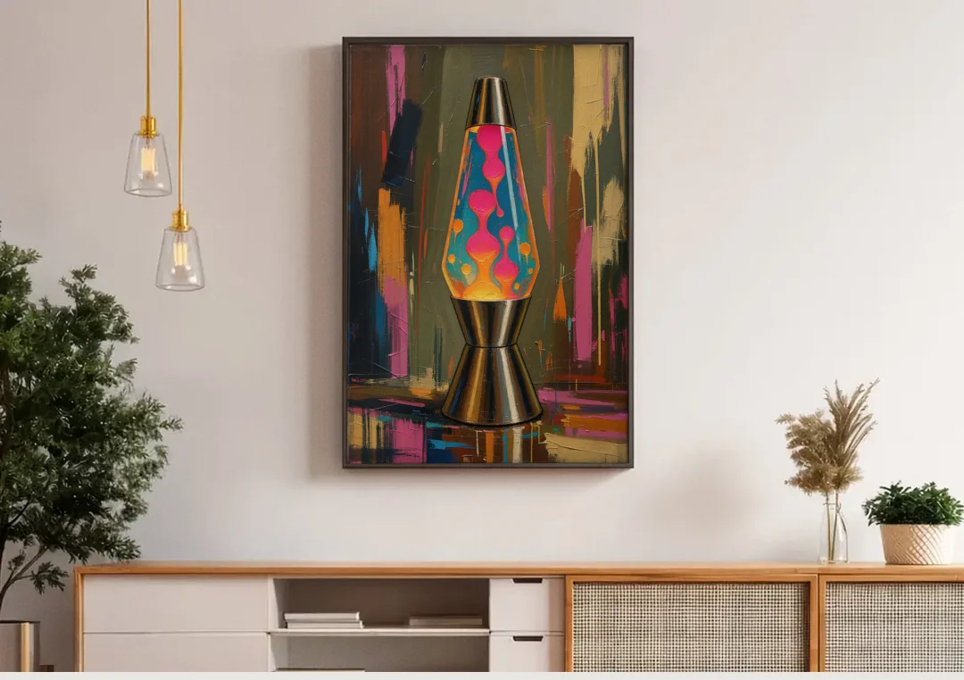 Dorm Wall Decor Lava Lamp in Molten Pink canvas wall art above a wooden sideboard under pendant lights
