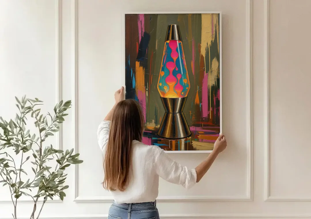 Dorm Wall Decor Lava Lamp in Molten Pink canvas wall art being hung on a paneled wall