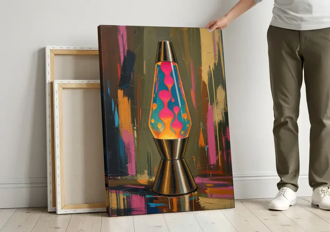 Dorm Wall Decor Lava Lamp in Molten Pink canvas wall art leaning against a wall next to blank canvases