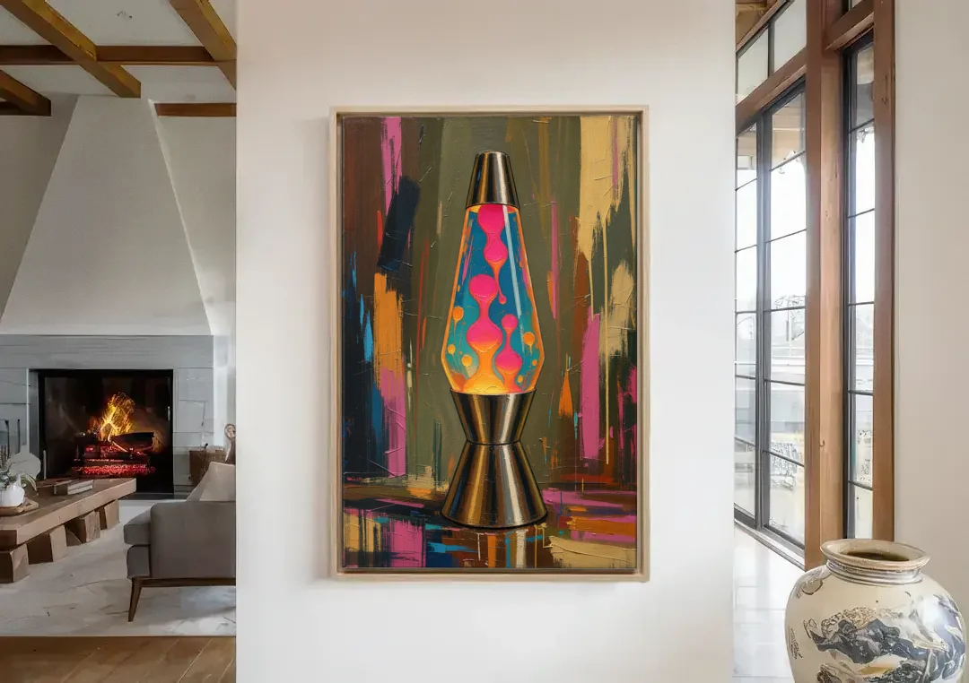 Dorm Wall Decor Lava Lamp in Molten Pink canvas wall art in a living room with a fireplace