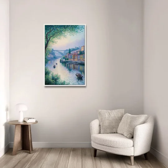 Douro River Serenity - White Framed Canvas Wall Art - Sofa - 24x36