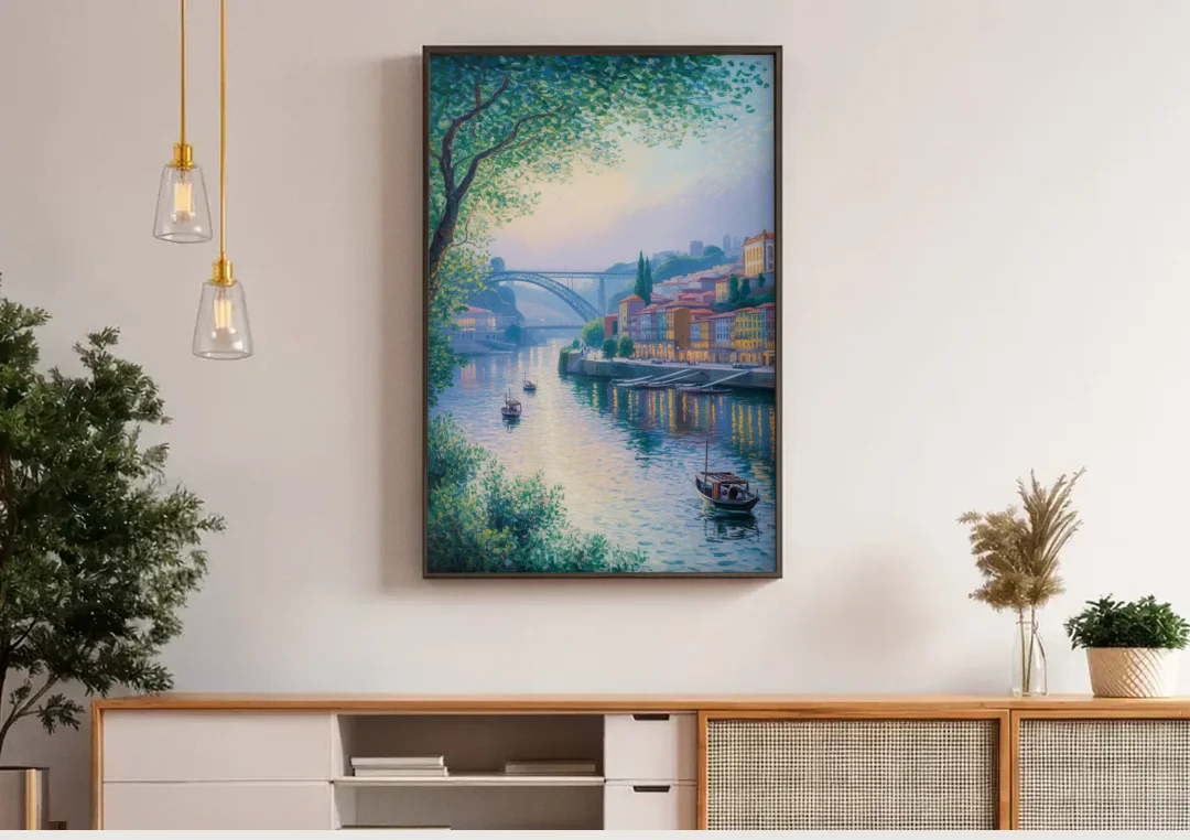Douro River Serenity canvas wall art above a wooden sideboard under pendant lights