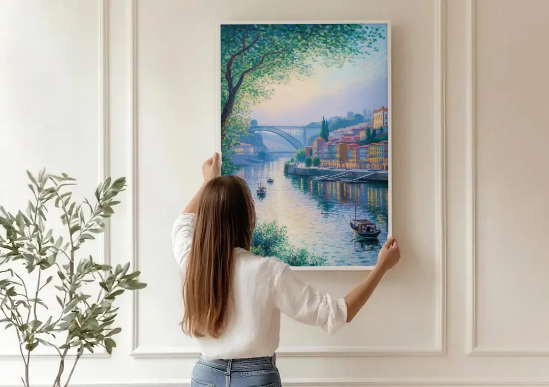 Douro River Serenity canvas wall art being hung on a paneled wall