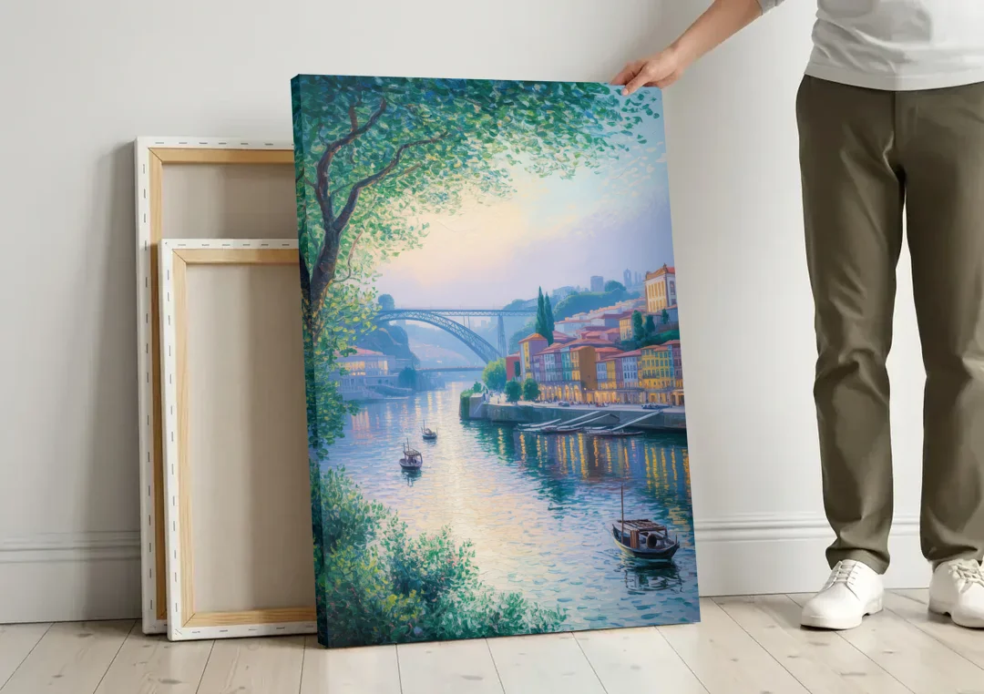 Douro River Serenity canvas wall art leaning against a wall next to blank canvases