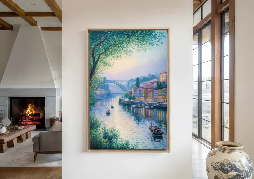 Douro River Serenity canvas wall art in a living room with a fireplace