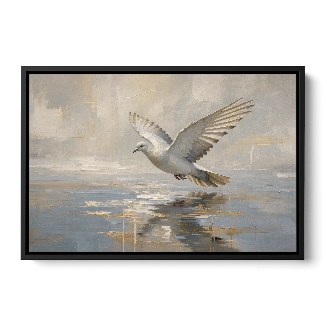 Dove Wall Art with Wings Over Still Water - Black Framed Canvas Wall Art - Front