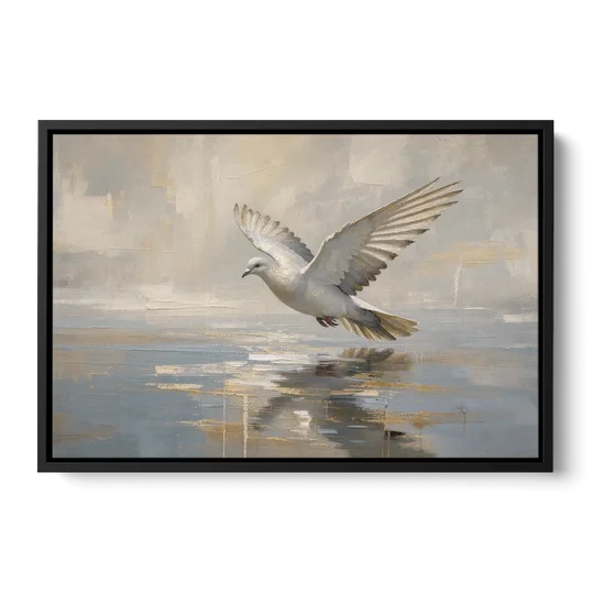 Dove Wall Art with Wings Over Still Water - Black Framed Canvas Wall Art - Front