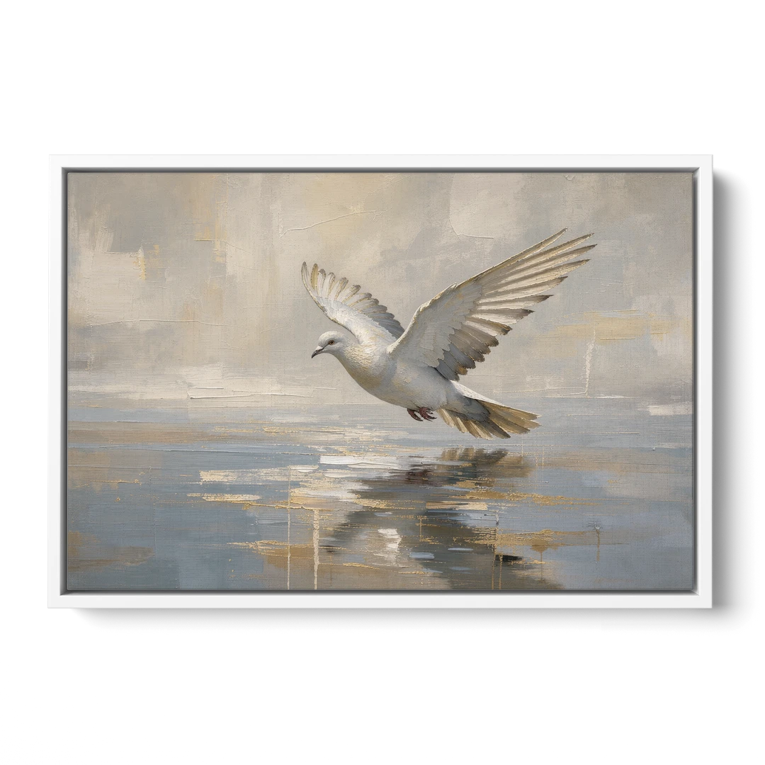 Dove Wall Art with Wings Over Still Water - White Framed Canvas Wall Art - Front