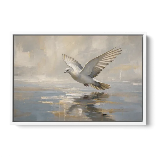 Dove Wall Art with Wings Over Still Water - White Framed Canvas Wall Art - Front