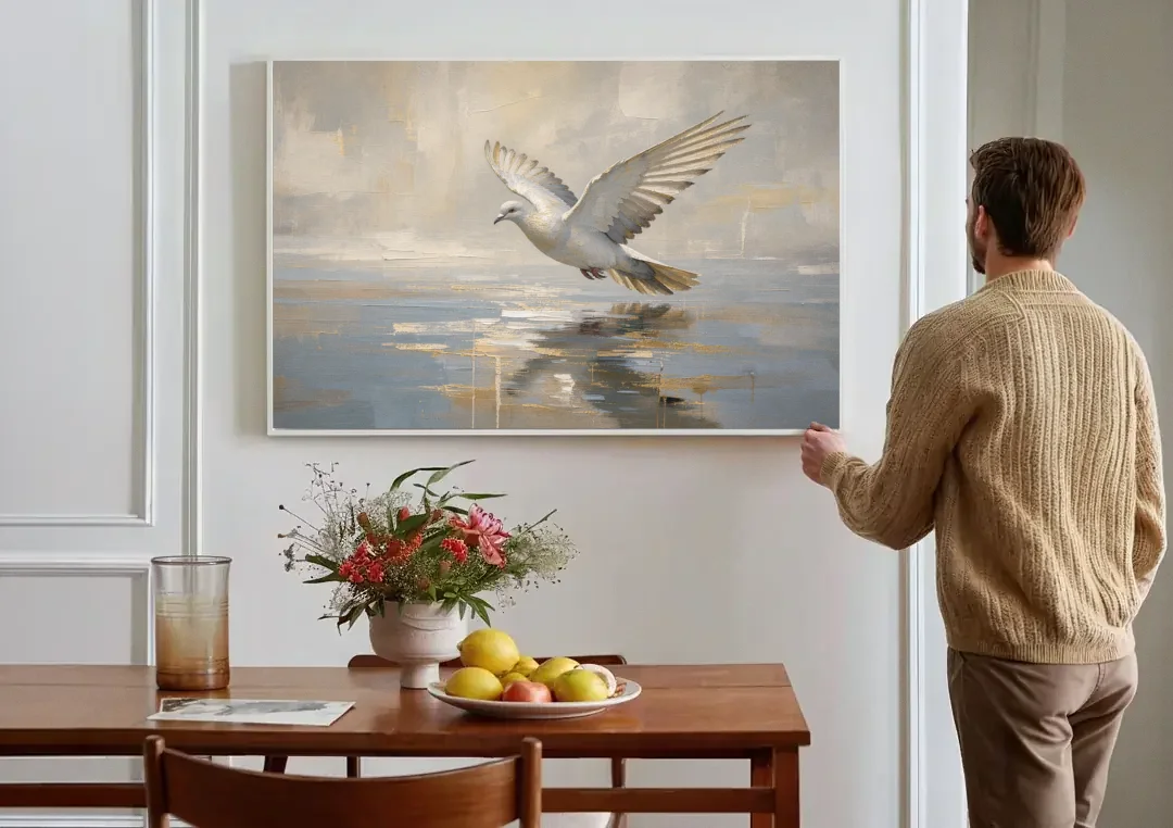 Dove Wall Art with Wings Over Still Water canvas wall art above a dining table