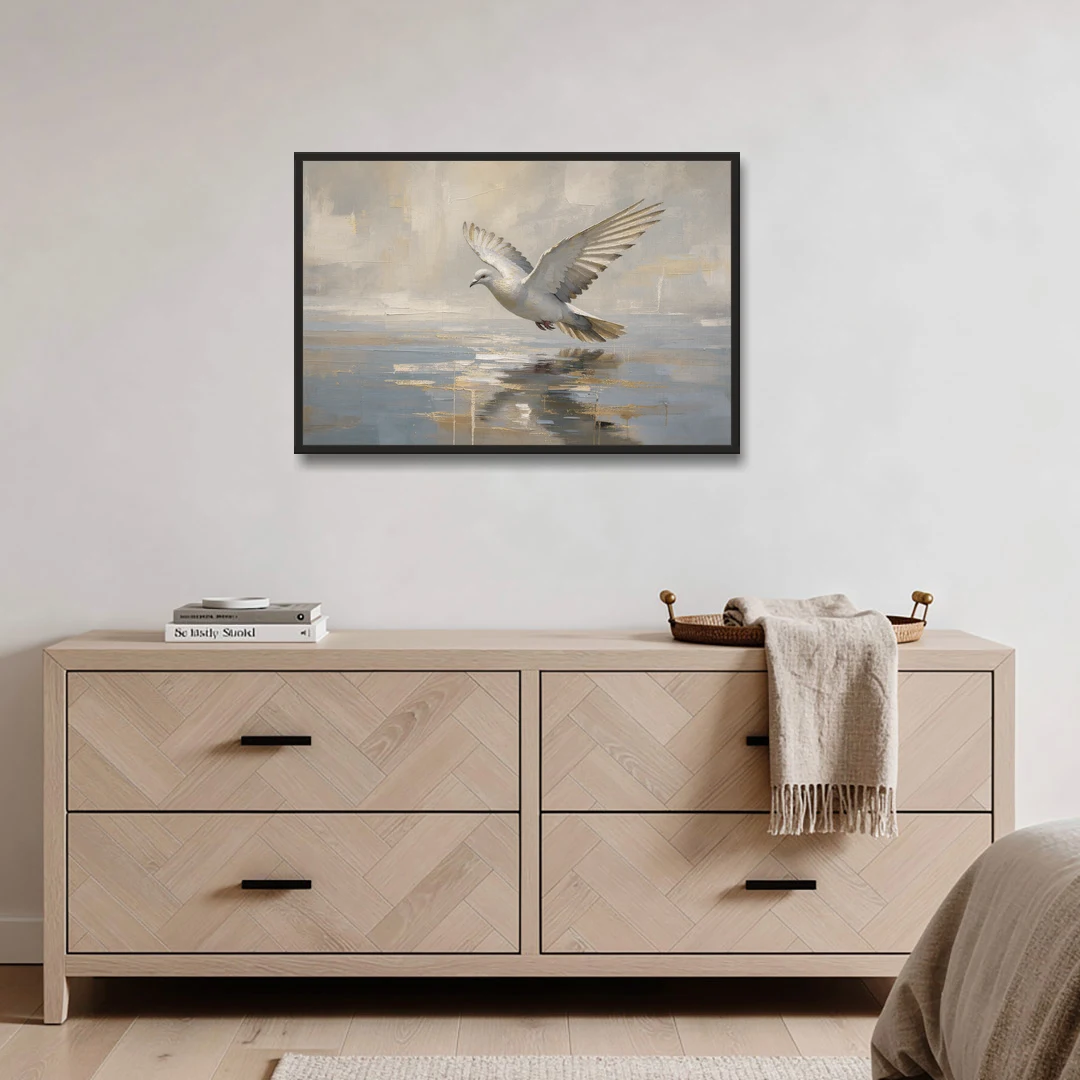 Dove Wall Art with Wings Over Still Water - Black Framed Canvas Wall Art - Coffee Table - 36x24