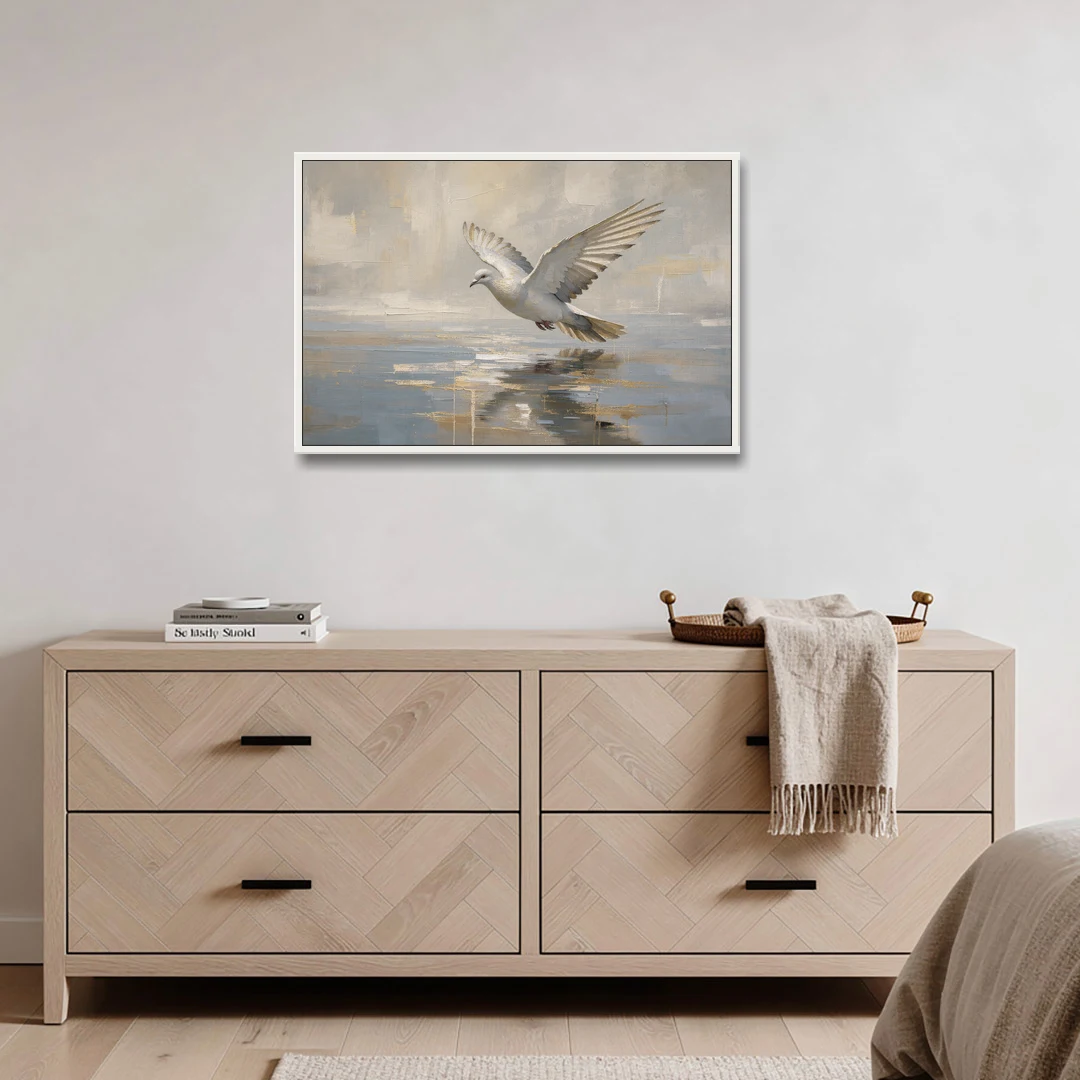 Dove Wall Art with Wings Over Still Water - White Framed Canvas Wall Art - Coffee Table - 36x24