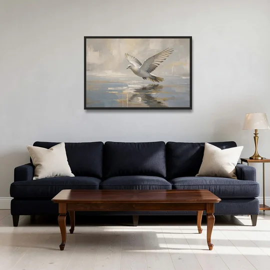 Dove Wall Art with Wings Over Still Water - Black Framed Canvas Wall Art - Sofa - 36x24
