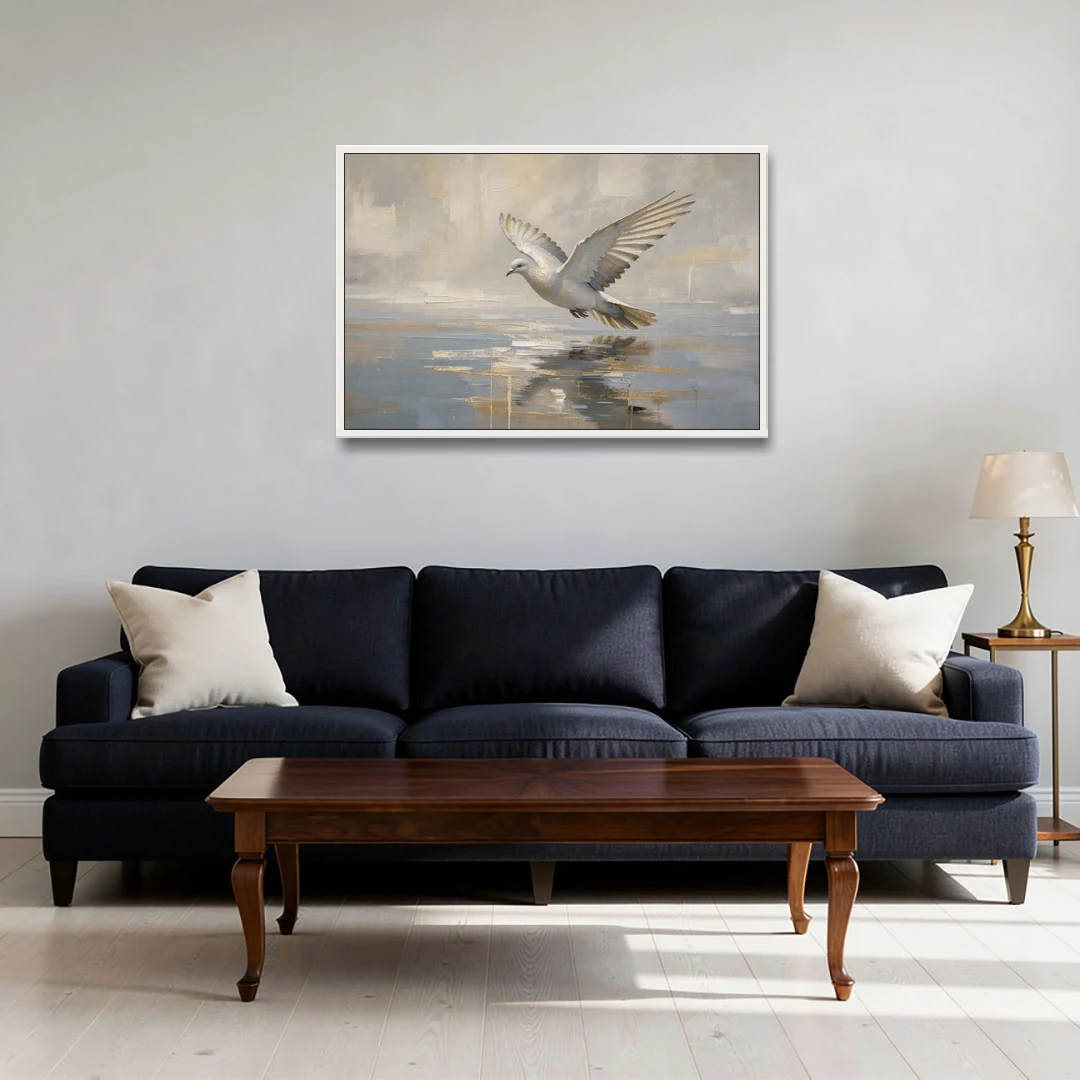 Dove Wall Art with Wings Over Still Water - White Framed Canvas Wall Art - Sofa - 36x24