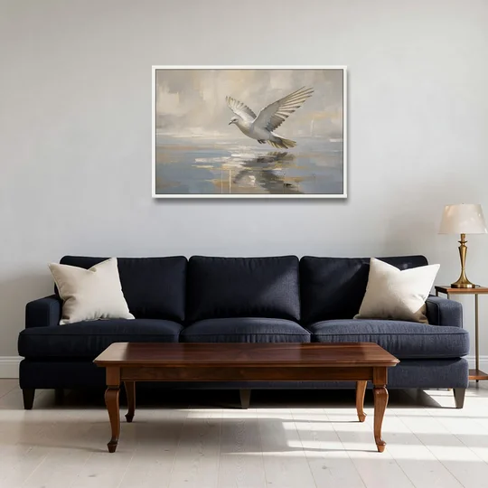 Dove Wall Art with Wings Over Still Water - White Framed Canvas Wall Art - Sofa - 36x24