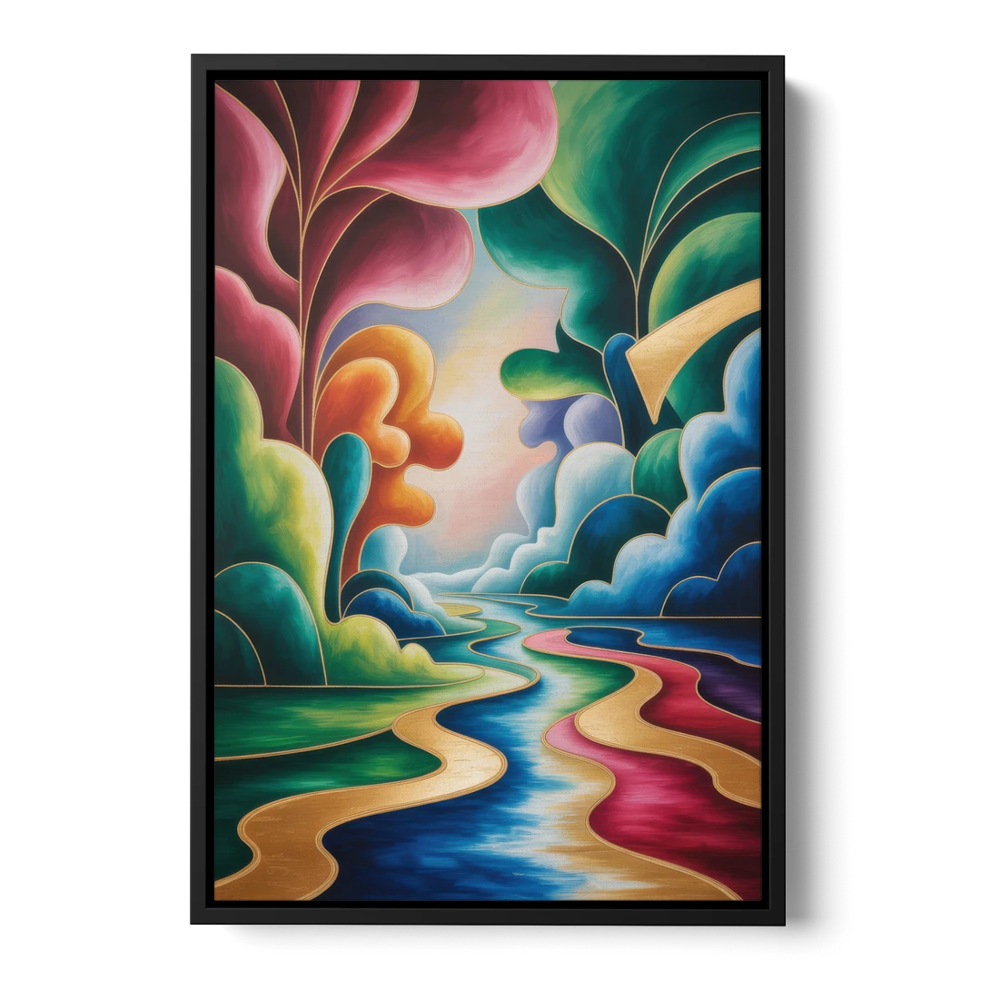Dreamlike JewelToned Colorful Abstract - Black Framed Canvas Wall Art - Front