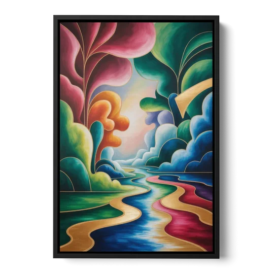 Dreamlike JewelToned Colorful Abstract - Black Framed Canvas Wall Art - Front