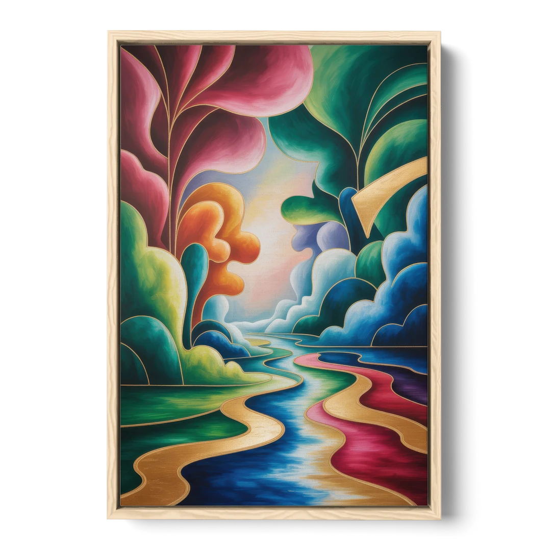 Dreamlike JewelToned Colorful Abstract - Oak Framed Canvas Wall Art - Front