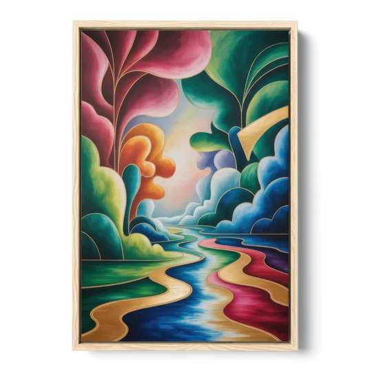 Dreamlike JewelToned Colorful Abstract - Oak Framed Canvas Wall Art - Front