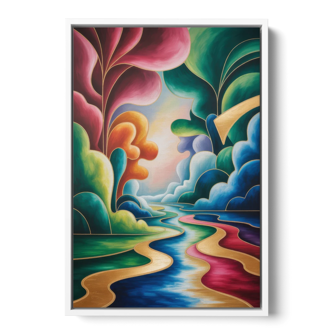 Dreamlike JewelToned Colorful Abstract - White Framed Canvas Wall Art - Front