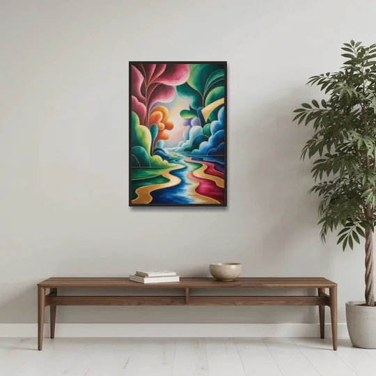 Dreamlike JewelToned Colorful Abstract - Black Framed Canvas Wall Art - Coffee Table - 24x36