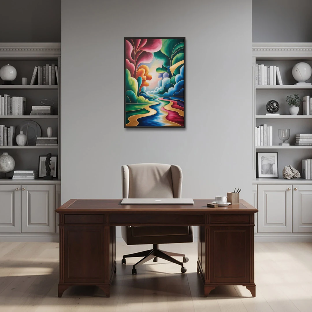 Dreamlike JewelToned Colorful Abstract - Black Framed Canvas Wall Art - Office - 24x36
