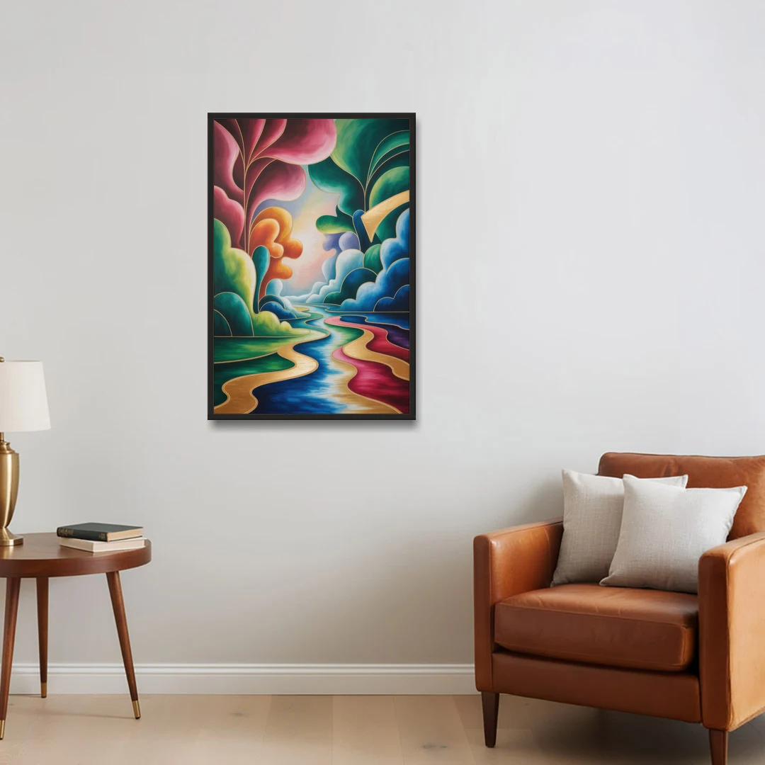 Dreamlike JewelToned Colorful Abstract - Black Framed Canvas Wall Art - Sofa - 24x36