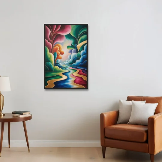 Dreamlike JewelToned Colorful Abstract - Black Framed Canvas Wall Art - Sofa - 24x36