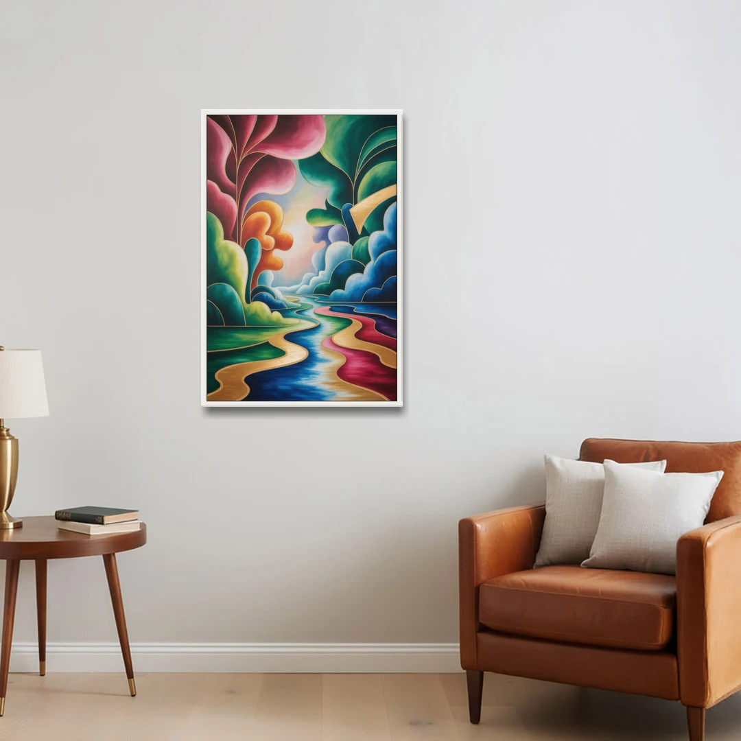 Dreamlike JewelToned Colorful Abstract - White Framed Canvas Wall Art - Sofa - 24x36