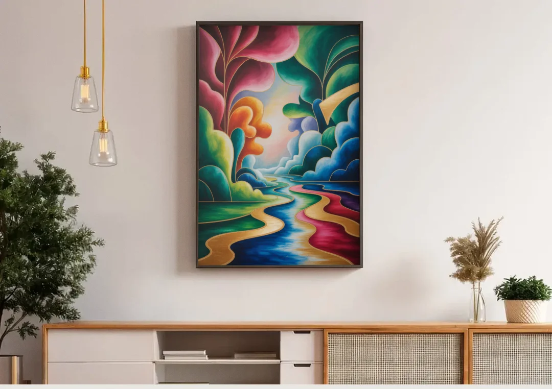 Dreamlike JewelToned Colorful Abstract canvas wall art above a wooden sideboard under pendant lights