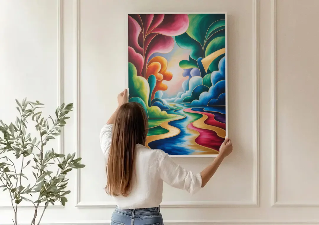 Dreamlike JewelToned Colorful Abstract canvas wall art being hung on a paneled wall