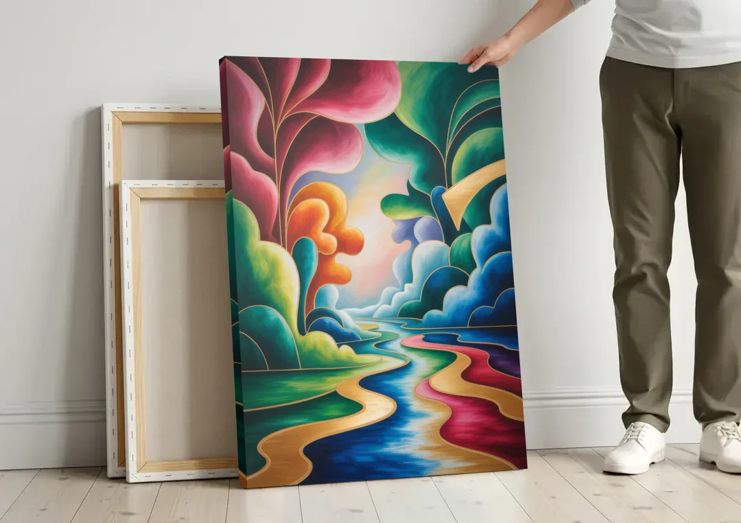 Dreamlike JewelToned Colorful Abstract canvas wall art leaning against a wall next to blank canvases