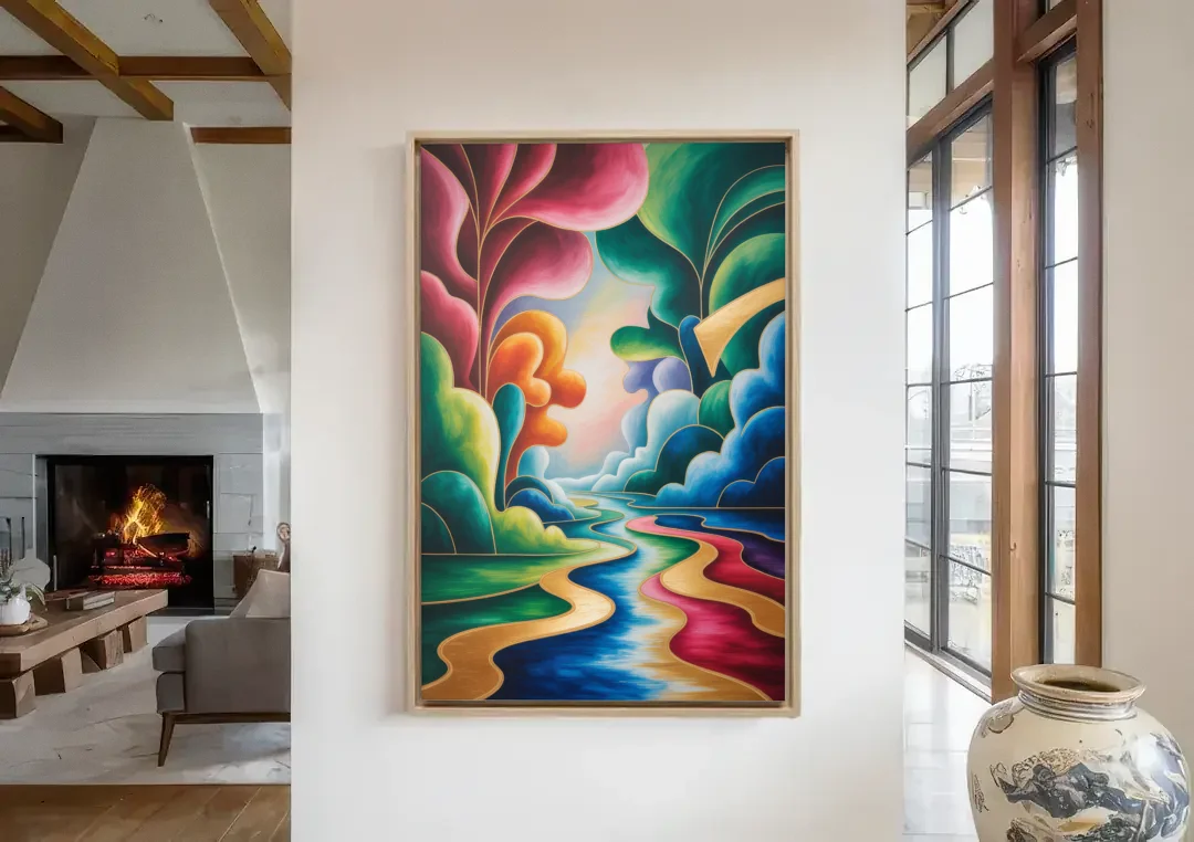 Dreamlike JewelToned Colorful Abstract canvas wall art in a living room with a fireplace