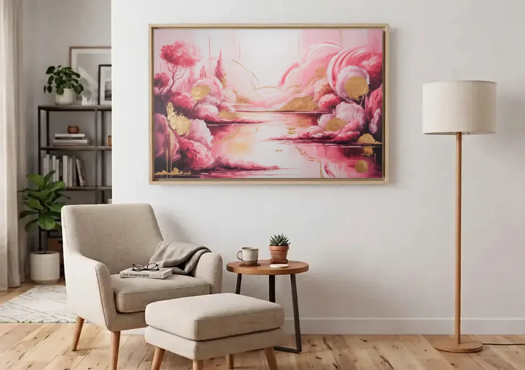 Dreamy Ethereal Pink Abstract canvas wall art above an armchair in a bright living room