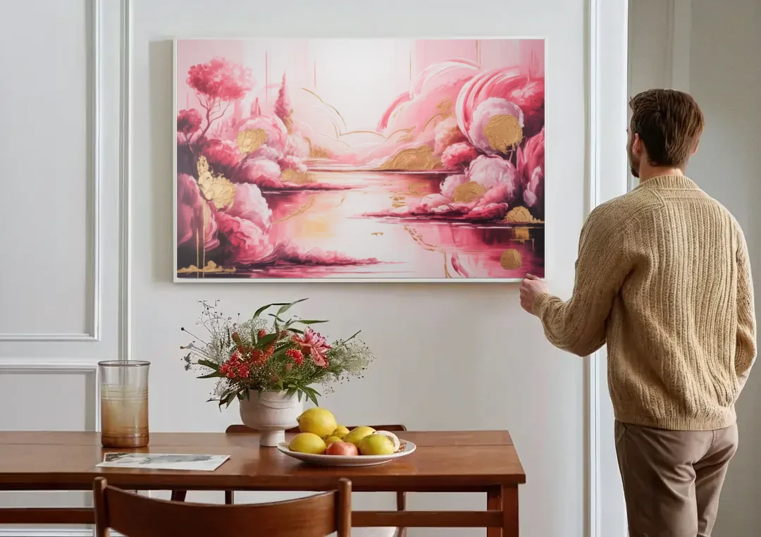 Dreamy Ethereal Pink Abstract canvas wall art above a dining table