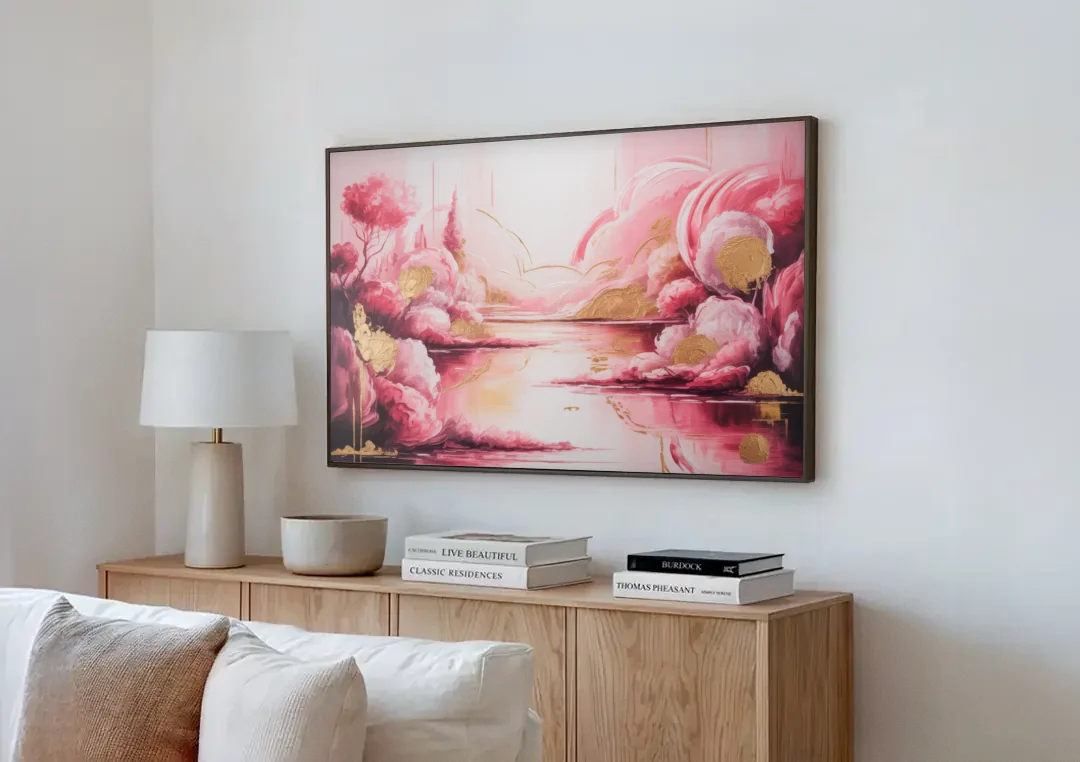 Dreamy Ethereal Pink Abstract canvas wall art above a wooden sideboard next to a sofa