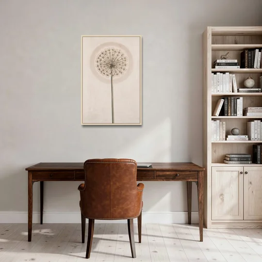 Dried Allium Seedhead on a Tall Stem - Oak Framed Canvas Wall Art - Office - 24x36