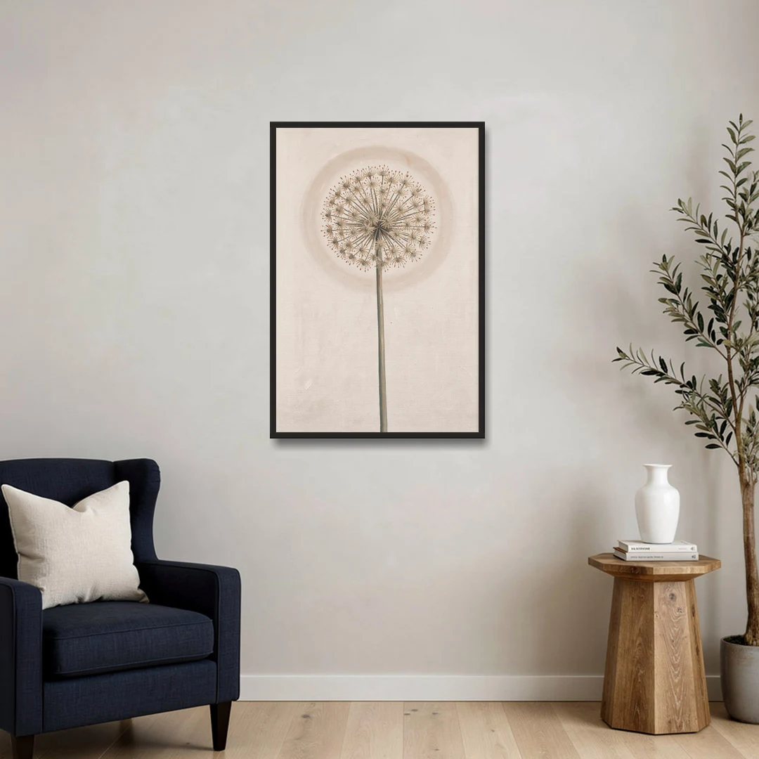 Dried Allium Seedhead on a Tall Stem - Black Framed Canvas Wall Art - Sofa - 24x36