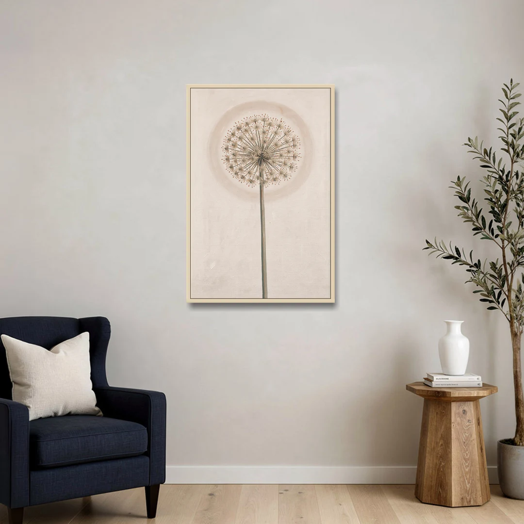Dried Allium Seedhead on a Tall Stem - Oak Framed Canvas Wall Art - Sofa - 24x36