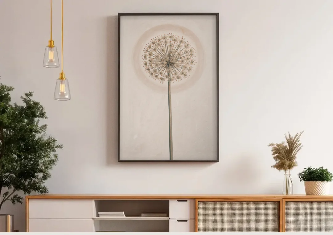 Dried Allium Seedhead on a Tall Stem canvas wall art above a wooden sideboard under pendant lights