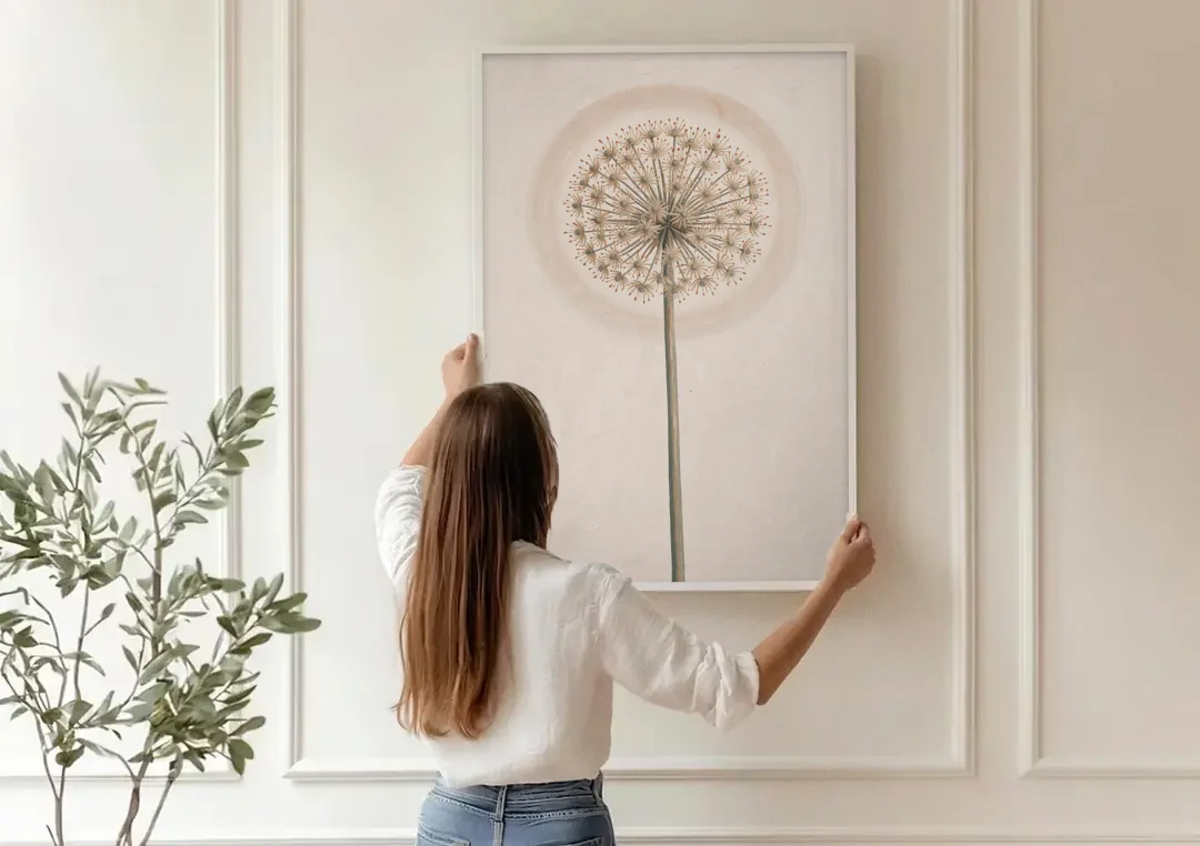Dried Allium Seedhead on a Tall Stem canvas wall art being hung on a paneled wall