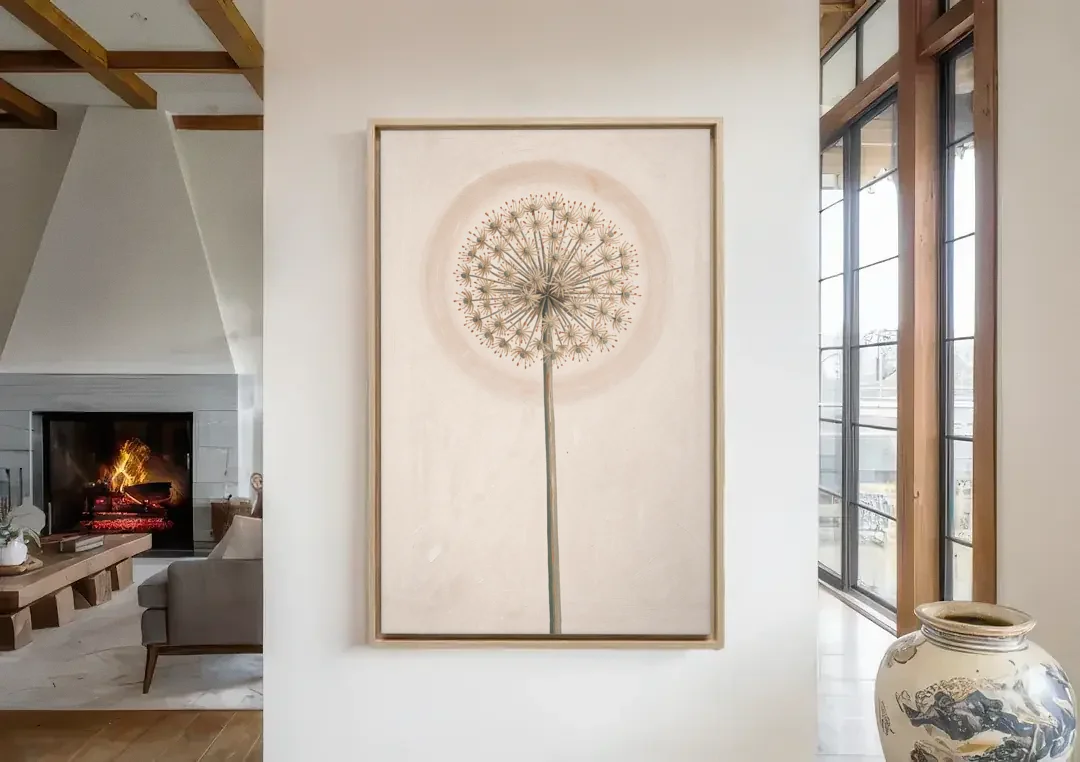 Dried Allium Seedhead on a Tall Stem canvas wall art in a living room with a fireplace