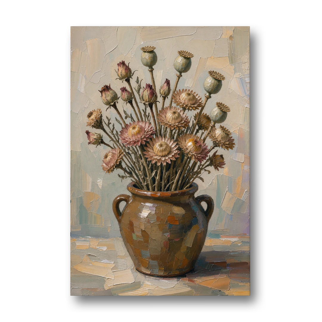 Dried Flower Painting with Poppy Pods in a Crock - Canvas Wall Art - Front