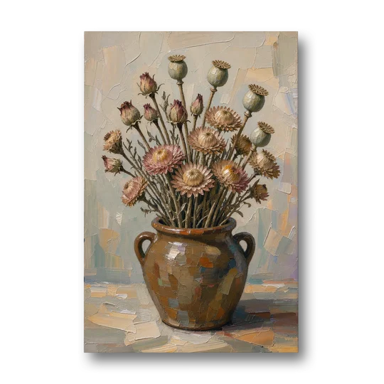 Dried Flower Painting with Poppy Pods in a Crock - Canvas Wall Art - Front