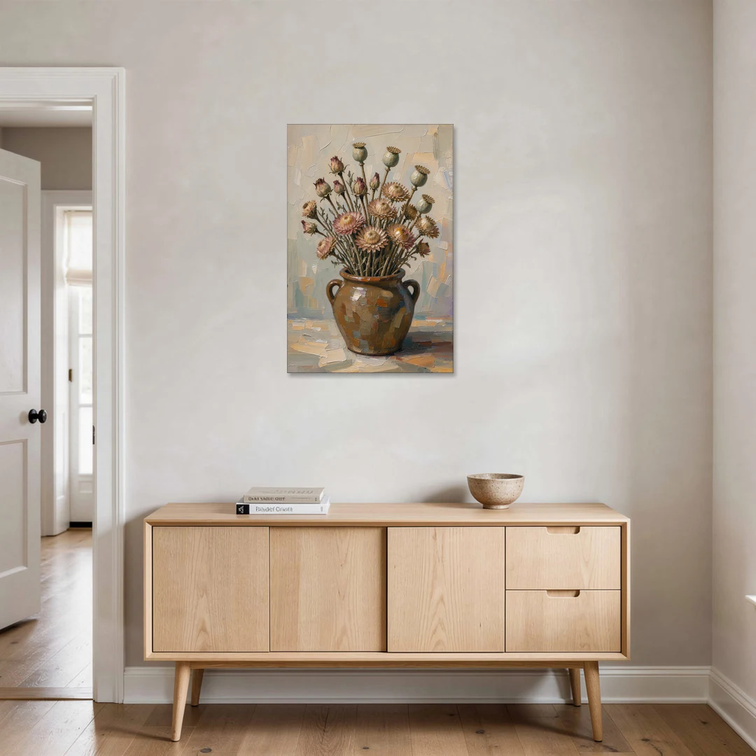 Dried Flower Painting with Poppy Pods in a Crock - Canvas Wall Art - Coffee Table - 24x36