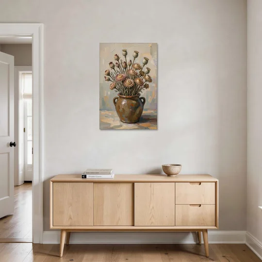 Dried Flower Painting with Poppy Pods in a Crock - Canvas Wall Art - Coffee Table - 24x36